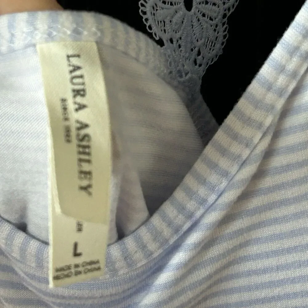 Laura Ashley Nightgown Dress Size Large Blue White Stripe Lace Back Cottagecore - Picture 5 of 9